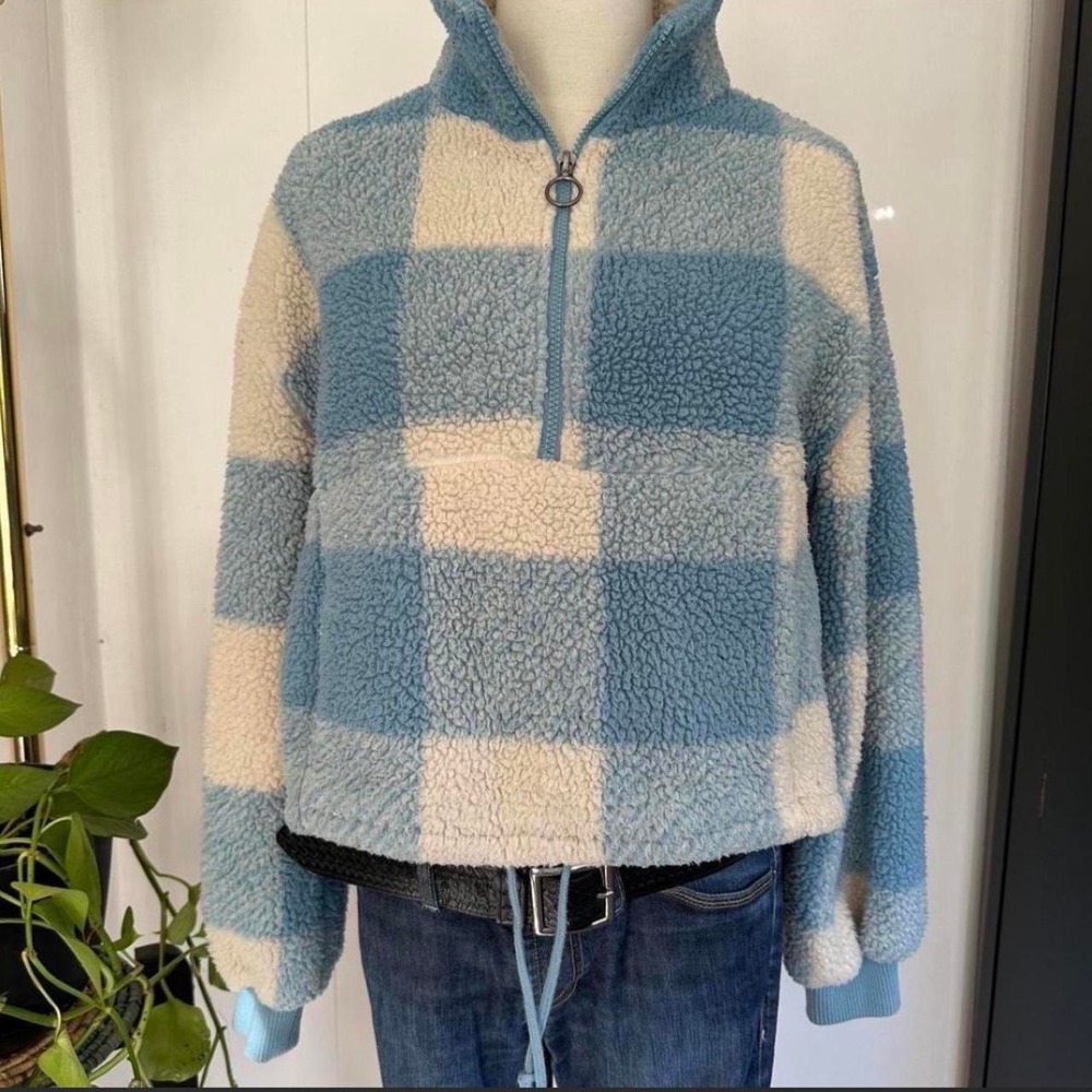 Billabong Women Blue Checkered Quarter Zip Fleece Pullover Cropped Cinch Waist S